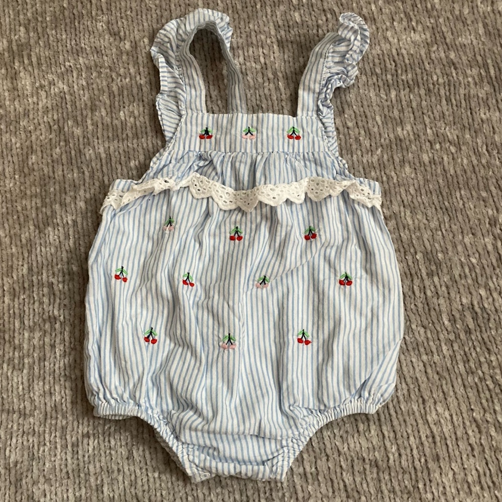 Little Me Seersucker Cherry Embroidered Bubble Romper 9M Blue White